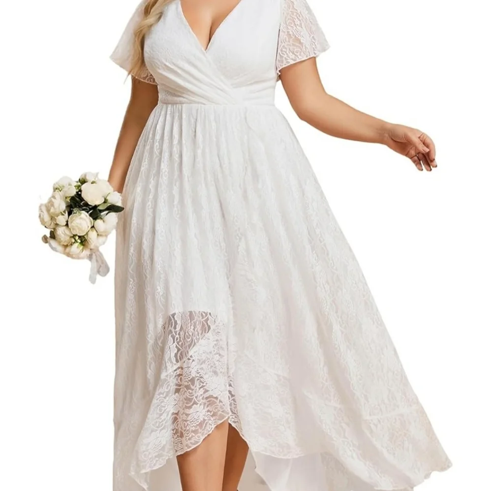 Ever-Pretty V-Neck Ruffles Sleeves High Low Lace Size 16 Wedding Dress - Picture 5 of 6